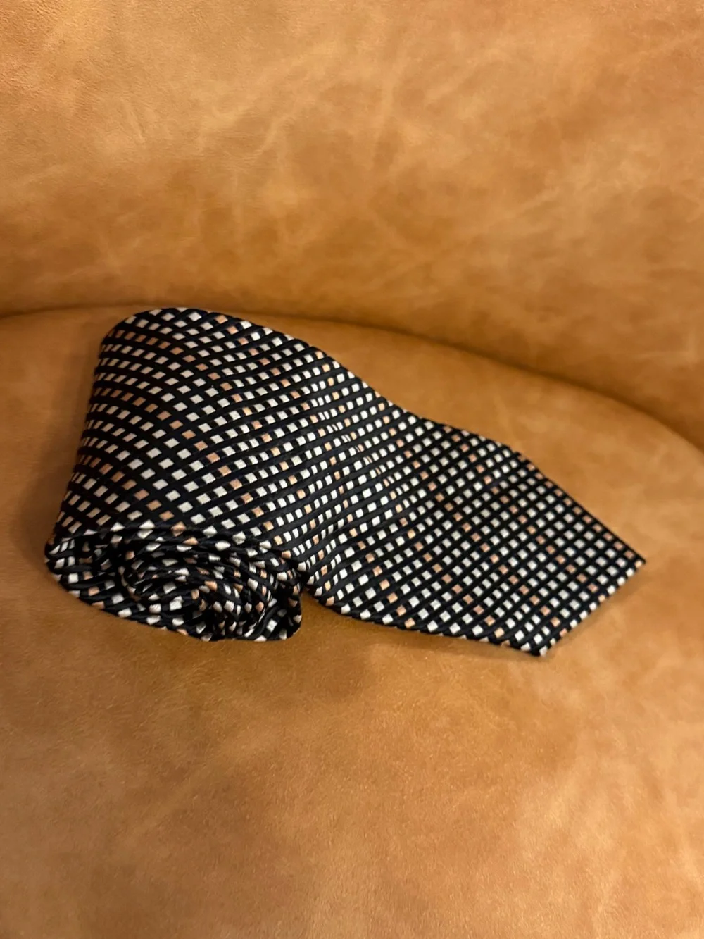 Valerio Garati Pure Silk Handmade Tie in Black, Cream & Tan Grid Pattern